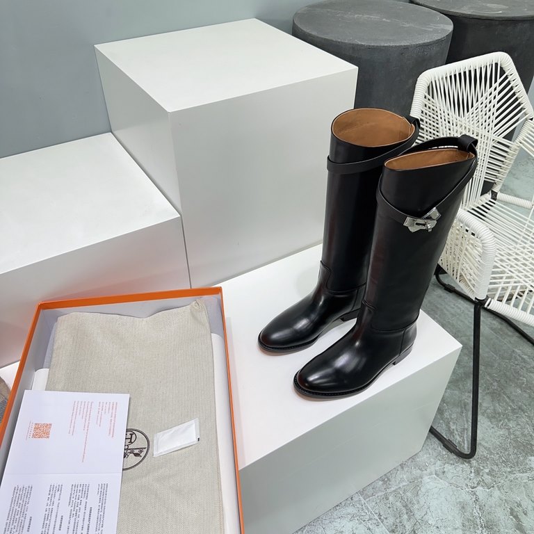 High quality factory calf leather!   Top version Original purchase development!  HERMES Hermes H home 2023 fall and winter new classic boots knight boots! Jimping series! kelly buckle classic knight boots!H family's clas