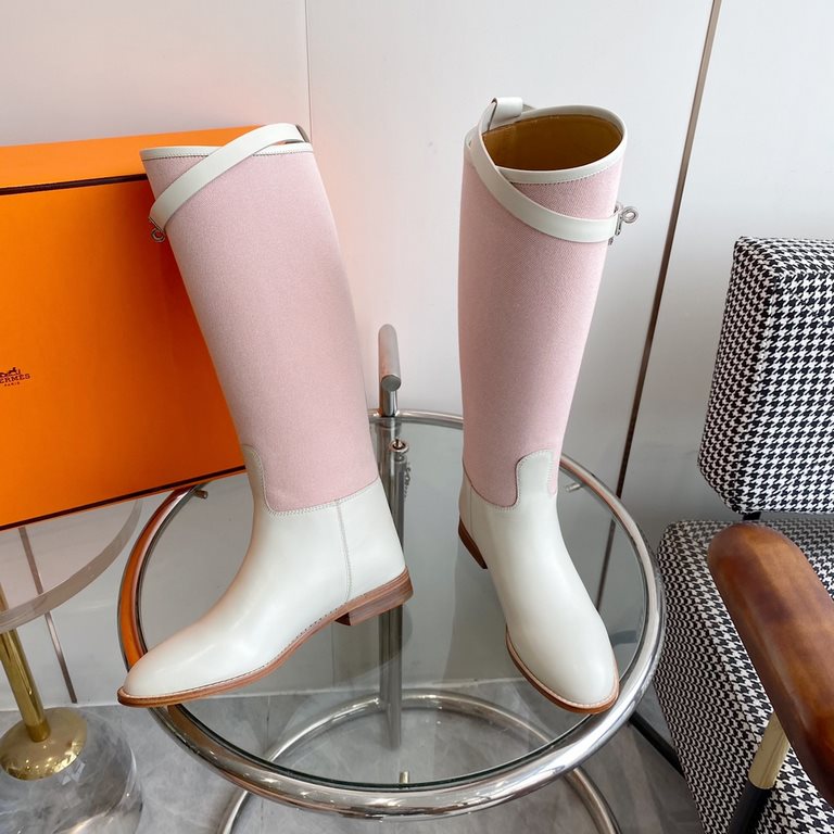 wholesale  Generation level hermes Hermes Jimping series! kelly buckle canvas patchwork bootsknight boots!H family's classic boots, simple atmosphere, handsome Upper original calfskin leather imported canvas Lining cowhi