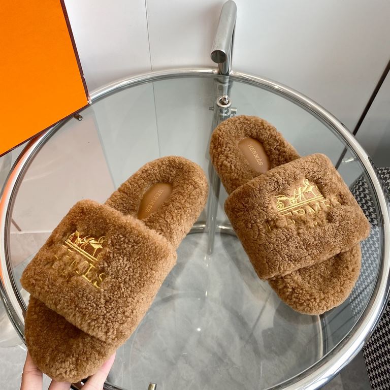 wholesale Hermes Hermes  Home Oran Collection Teddy   Flat Furry Slippers  top quality  Upper original imported   lambswool Imported leather outsole size 35-39 (40.41 customized non-returnable)