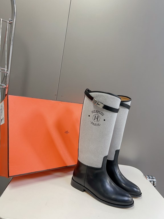 Top generation purchase version of HERMES Hermes kelly knight boots, partial casual a new model, with the toe part of the collision color, the upper is custom linen material, after more than 1 month development and becom