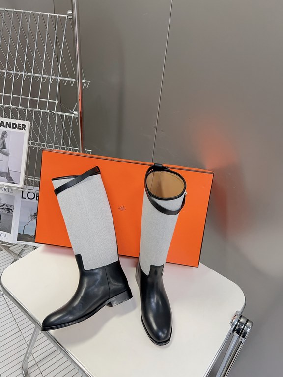 Top generation purchase version of HERMES Hermes kelly knight boots, partial casual a new model, with the toe part of the collision color, the upper is custom linen material, after more than 1 month development and becom