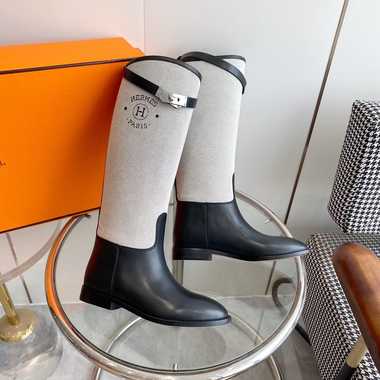 wholesale  Generation level hermes Hermes Jimping series! kelly buckle canvas patchwork bootsknight boots!H family's classic boots, simple atmosphere, handsome Upper original calfskin leather imported canvas Lining cowhi