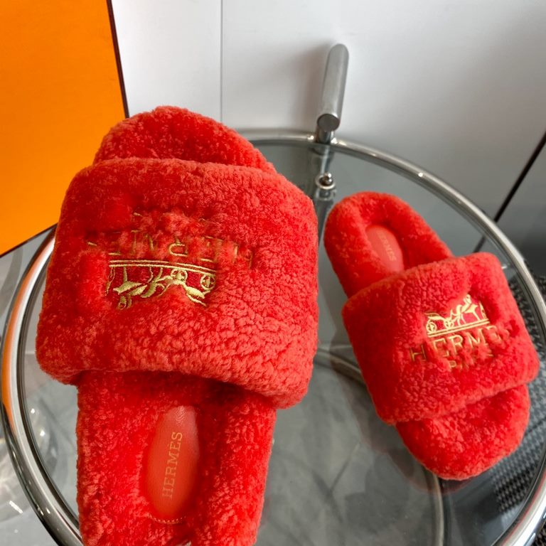 wholesale Hermes Hermes  Home Oran Collection Teddy   Flat Furry Slippers  top quality  Upper original imported   lambswool Imported leather outsole size 35-39 (40.41 customized non-returnable)