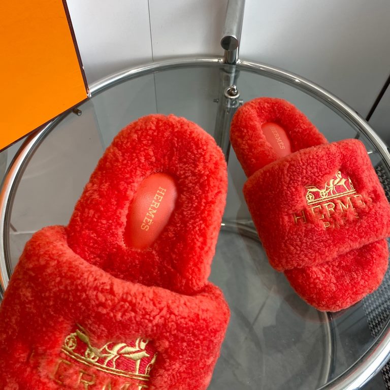 wholesale Hermes Hermes  Home Oran Collection Teddy   Flat Furry Slippers  top quality  Upper original imported   lambswool Imported leather outsole size 35-39 (40.41 customized non-returnable)