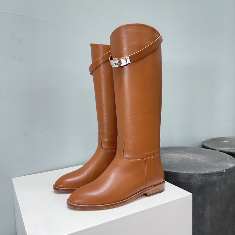 High quality factory brown leather! Brown color   Generation level! Original purchase developed!  HERMES Hermes H home 2023 fall and winter new classic boots knight boots! Jimping series! kelly buckle classic knight boot