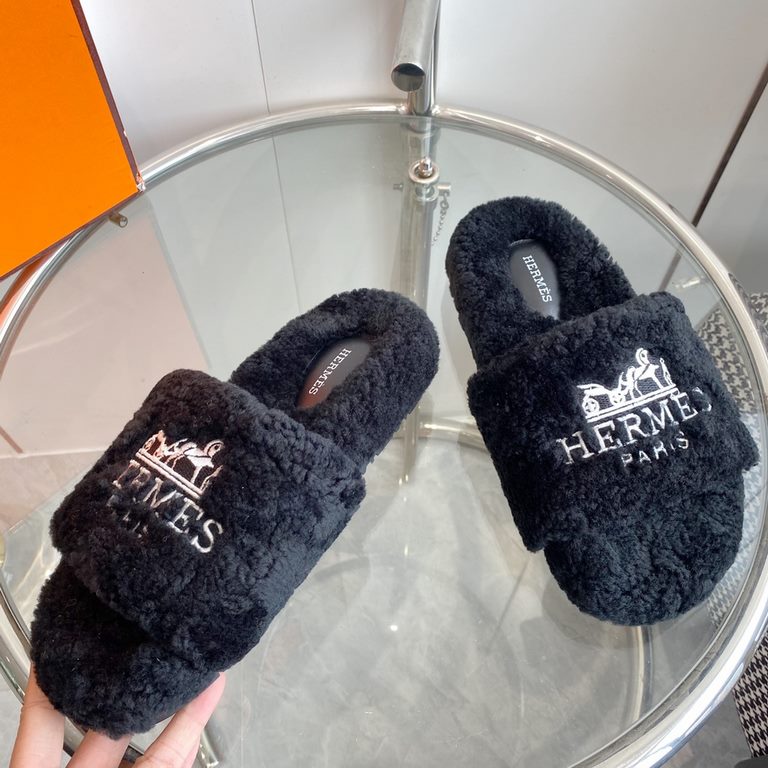 wholesale Hermes Hermes  Home Oran Collection Teddy   Flat Furry Slippers  top quality  Upper original imported   lambswool Imported leather outsole size 35-39 (40.41 customized non-returnable)