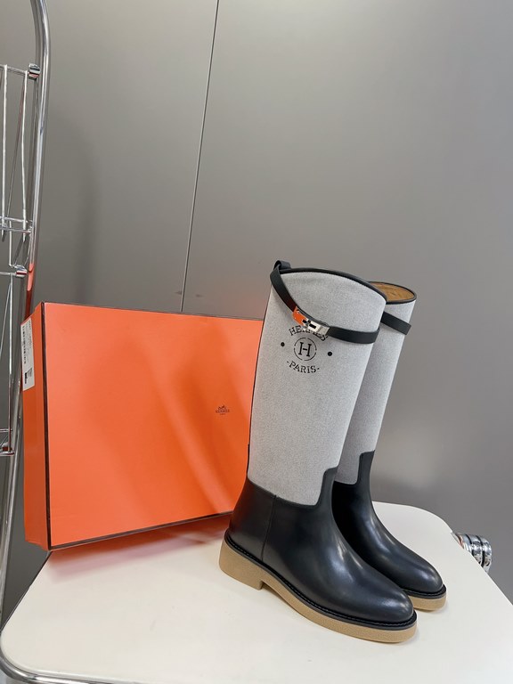 Top generation purchase version of HERMES Hermes kelly knight boots, partial casual a new model, with the toe part of the collision color, the upper is custom linen material, after more than 1 month development and becom