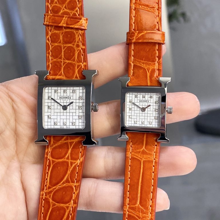 Crocodile Leather   LATEST LISTINGS  Heure H WATCH H BELT LOGO LOGO LOGOS  CASE SIZE MEDIUM SMALL Stainless steel case, Feather set with diamonds, Medium 26x26 mm, Small 21x21 mm, set with 112 diamonds, anti-glare sapphi