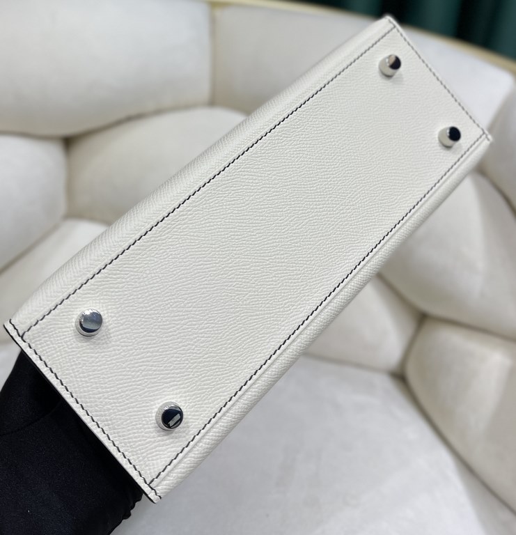 Kylie 25 Milkshake White on Blackepsom palm leather half hand stitched with waxed threadsCarrying Handle Shoulder Crossbody All Steel Hardware Lined Goatskin