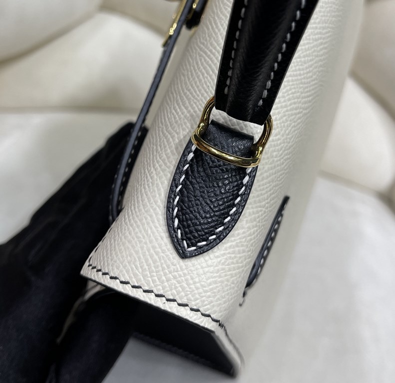 Kylie 25 Milkshake White on Blackepsom palm leather half hand stitched with waxed threadsCarrying Handle Shoulder Crossbody All Steel Hardware Lined Goatskin