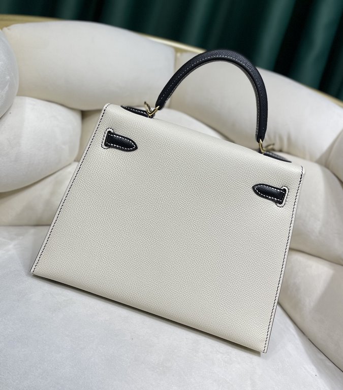 Kylie 25 Milkshake White on Blackepsom palm leather half hand stitched with waxed threadsCarrying Handle Shoulder Crossbody All Steel Hardware Lined Goatskin