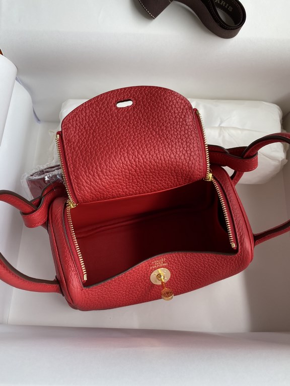 Hand-stitched  Mini Lindy 19cm Imported Taurillon Clemence  leather Flag Red Gold Buckle