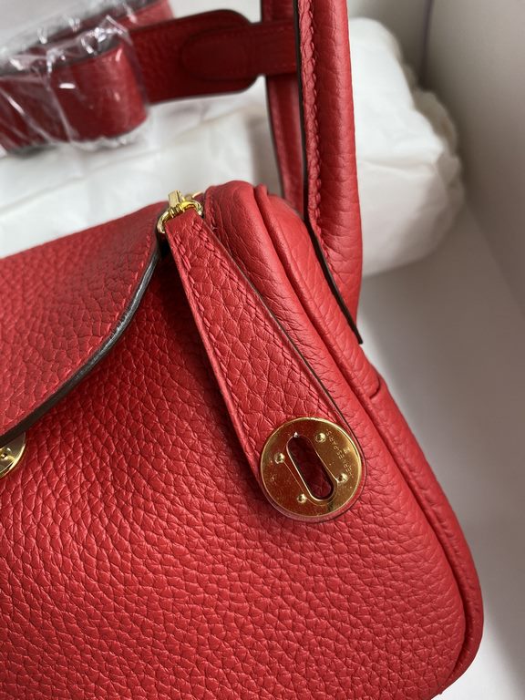 Hand-stitched  Mini Lindy 19cm Imported Taurillon Clemence  leather Flag Red Gold Buckle