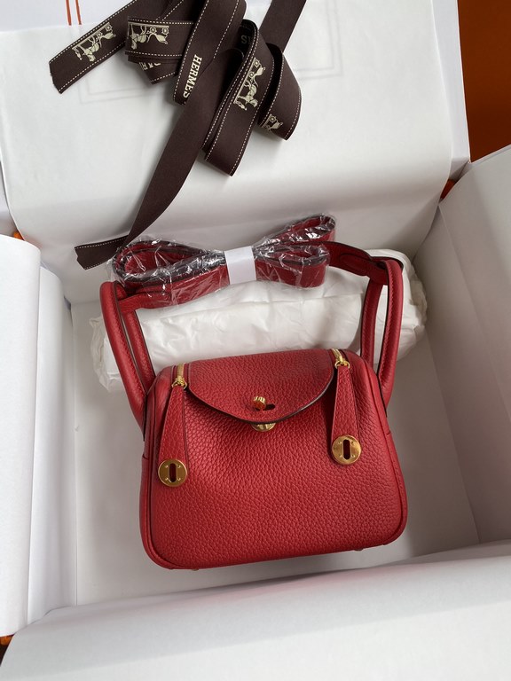 Hand-stitched  Mini Lindy 19cm Imported Taurillon Clemence  leather Flag Red Gold Buckle