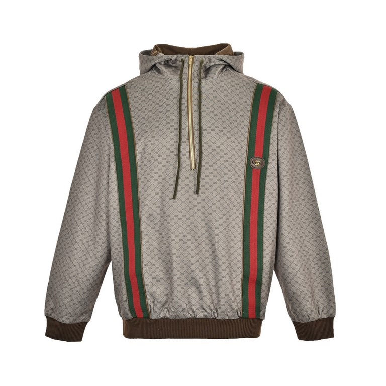 Gucci  Gucci Half Zip Double G Full Print Webbing JacketA dual design of jumper and jacket, this piece is crafted in a mini GG plain knit fabric with classic brand detailing, a striped webbing element on the front that d