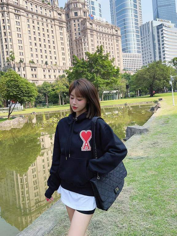 #Ami Classic Towel Embroidery Embroidered Heart Hooded Sweatshirt Top