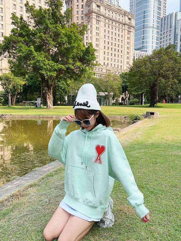 #Ami Classic Towel Embroidery Embroidered Heart Hooded Sweatshirt Top