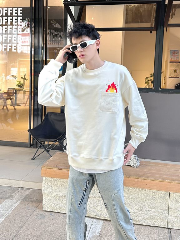 #LouisVuitton 23Fw Pocket Flame Embroidered Crew Neck Sweatshirt Top