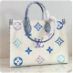 M22975 BlueOnTheGo Medium Season's newest addition to the Four Square Bags mommy bag collection, the OnTheGo Medium is made of coated canvas depicting a large Monogram pattern, then trimmed and lined with an intricate Mo