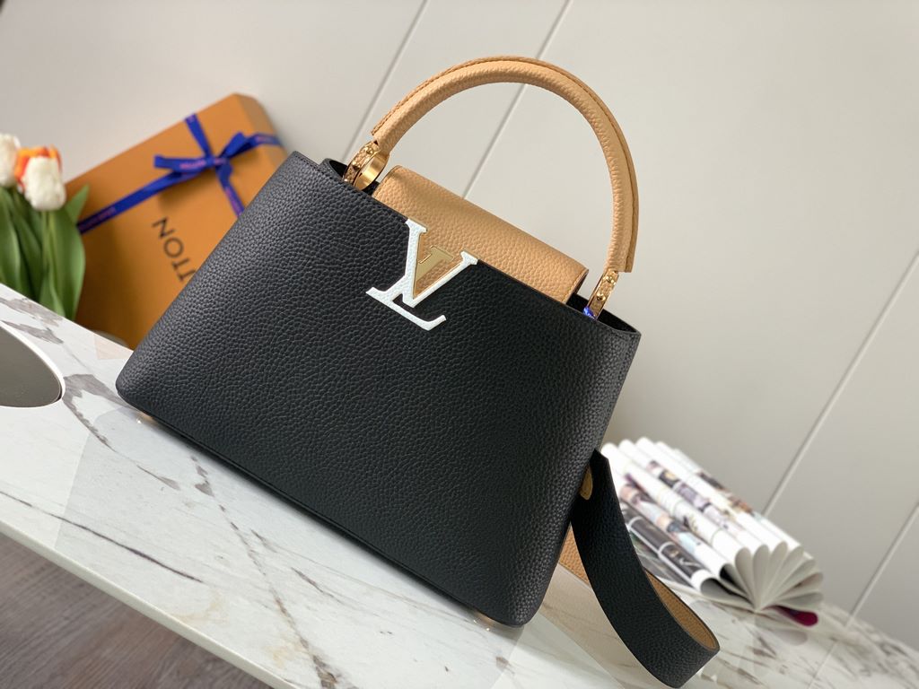 M59466 Black with Apricot Gold Buckle]A modern clash of shades in full-grain cowhide leather, this medium Capucines bag features the iconic LV alphabet and side loops, top handles and a detachable shoulder strap for vers