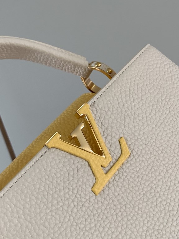 M59465 Pearl White with Pale Yellow Gold Buckle]A modern clash of shades in full-grain cowhide leather, this Capucines BB bag features the iconic LV alphabet and side loops, top handles and a detachable shoulder strap fo