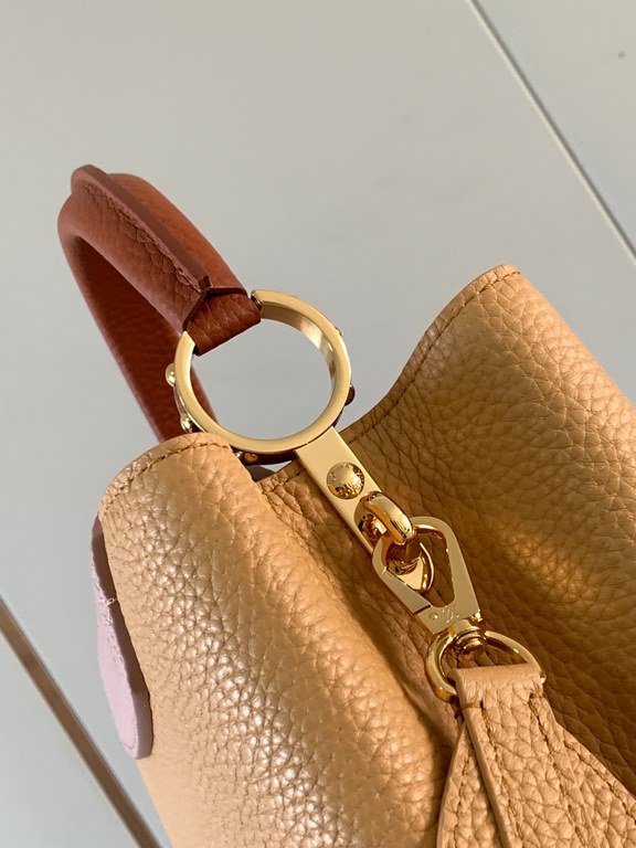 M59465 Apricot Yellow with Light Earth Gold Buckle]A modern clash of shades in full-grain cowhide leather, this Capucines BB bag features the iconic LV alphabet and side loops, top handles and a detachable shoulder strap