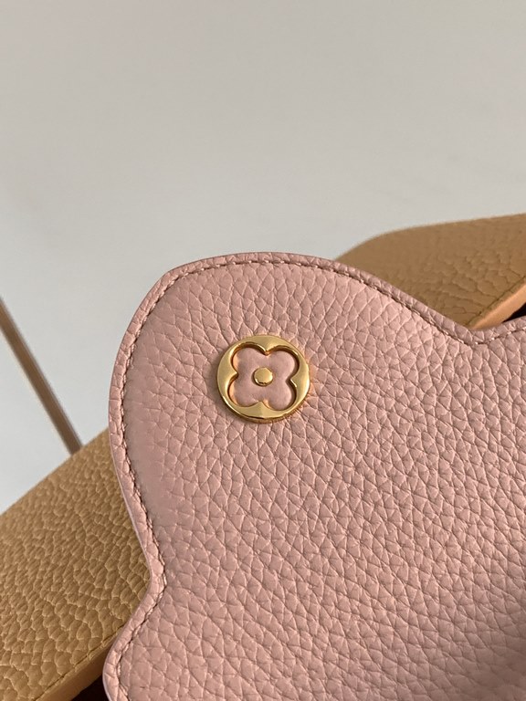 M59465 Apricot Yellow with Light Earth Gold Buckle]A modern clash of shades in full-grain cowhide leather, this Capucines BB bag features the iconic LV alphabet and side loops, top handles and a detachable shoulder strap