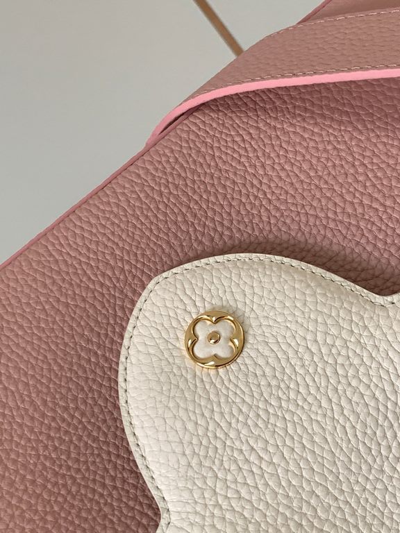 M59466 Rose Pink with Pearl Platinum Buckle]A modern clash of shades in full-grain cowhide leather, this medium Capucines bag features the iconic LV alphabet and side loops, top handles and a detachable shoulder strap fo