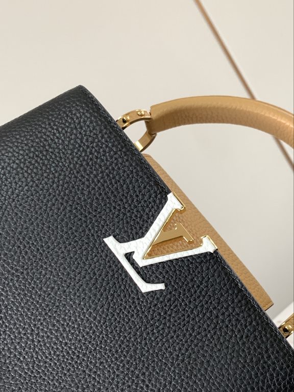 M59465 Black with Apricot Gold Buckle]A modern clash of shades in full-grain cowhide leather, this Capucines BB bag features the iconic LV alphabet and side loops, top handles and a detachable shoulder strap for versatil