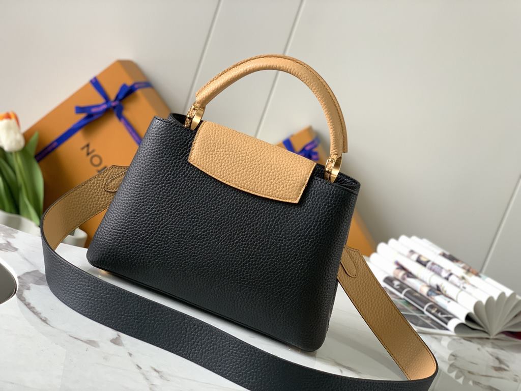 M59465 Black with Apricot Gold Buckle]A modern clash of shades in full-grain cowhide leather, this Capucines BB bag features the iconic LV alphabet and side loops, top handles and a detachable shoulder strap for versatil