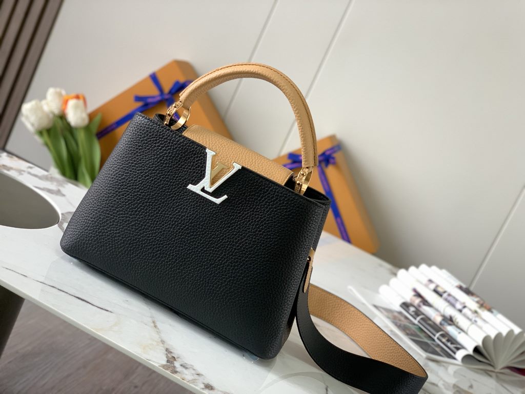 M59465 Black with Apricot Gold Buckle]A modern clash of shades in full-grain cowhide leather, this Capucines BB bag features the iconic LV alphabet and side loops, top handles and a detachable shoulder strap for versatil