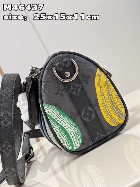 M46437 Black Flower (Pumpkin) Men's Bag Pillow Bag Collection LV x YK Keepall 25 Handbag from the Louis Vuitton x Yayoi Kusama Collaboration, a pocket-sized version of the classic travel bag with a playful twist. The col