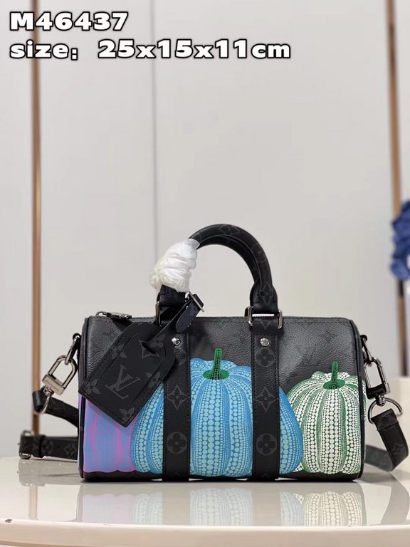 M46437 Black Flower (Pumpkin) Men's Bag Pillow Bag Collection LV x YK Keepall 25 Handbag from the Louis Vuitton x Yayoi Kusama Collaboration, a pocket-sized version of the classic travel bag with a playful twist. The col