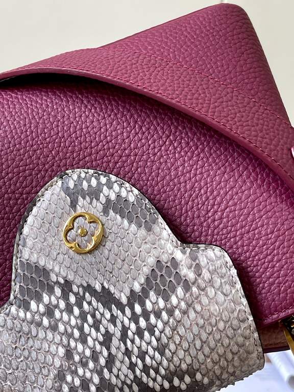 PremiumN82068 Grape Purple with Parisian Pink Python and Gold Buckle].In grained Taurillon leather with python flap, top handle and LV monogram, this Capucines BB bag has a luxurious feel. The contrasting light-colored l