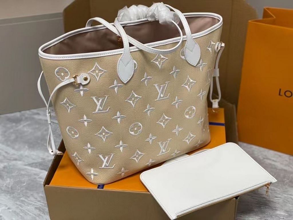 M22839White Woven Shopper Collection Neverfull MM Handbag Welcome the season with the sensuality of a calm vacation enjoyed at the beach with the Neverfull MM handbag shown in the new Bai the Pool collection. Soft cotton