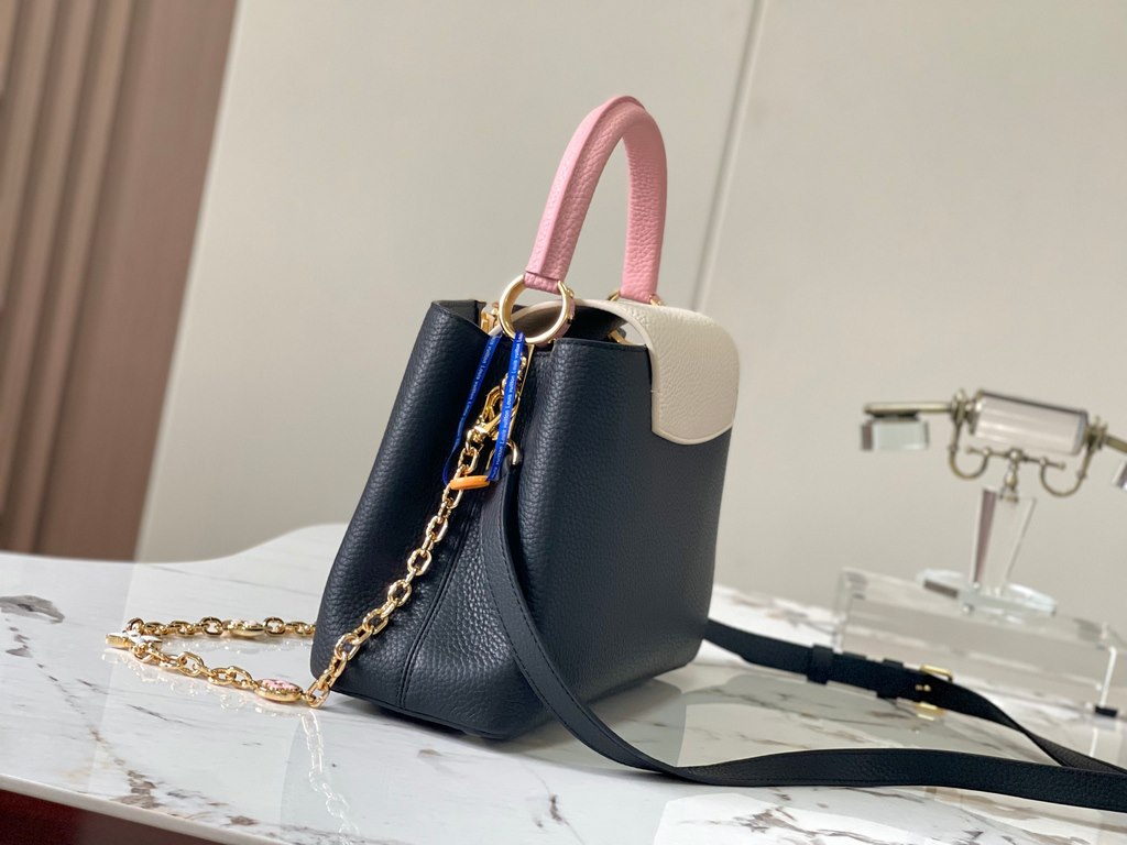 Extraordinary[Extra Fine Original Leather   M20708 Black with Light Cherry Blossom Pink Floral Triple]The Capucines medium handbag basks in the baptism of the new season the metallic Monogram florals are hand-polished an