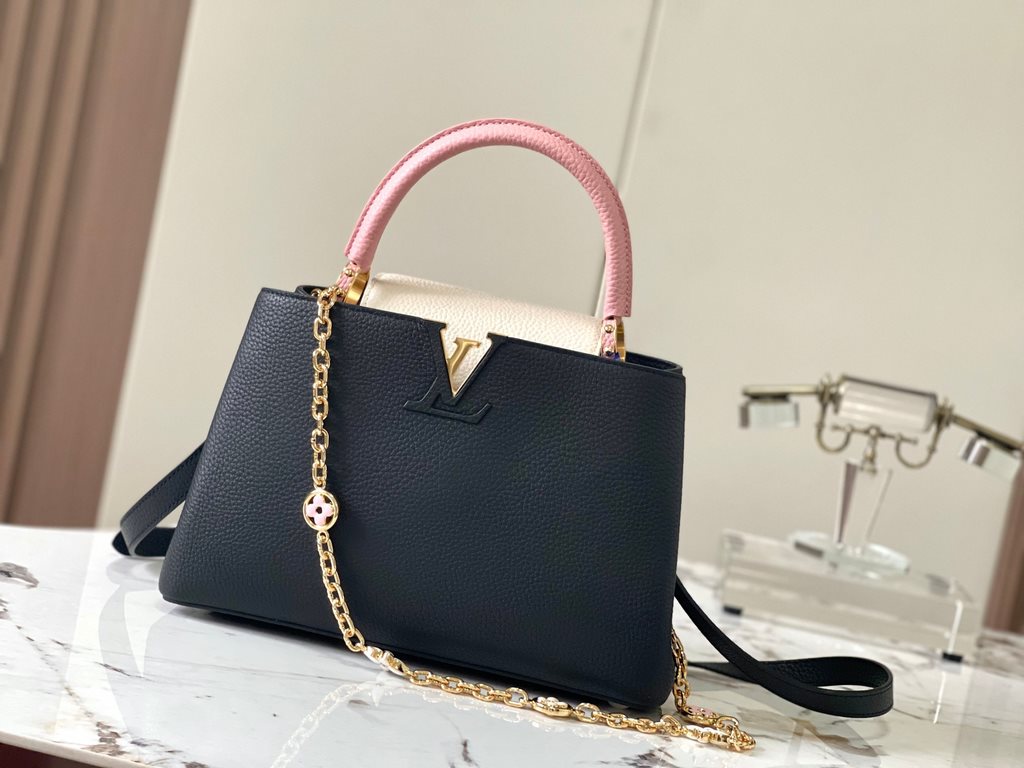 Extraordinary[Extra Fine Original Leather   M20708 Black with Light Cherry Blossom Pink Floral Triple]The Capucines medium handbag basks in the baptism of the new season the metallic Monogram florals are hand-polished an