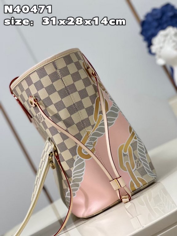 N40471 】This Neverfull medium bag is made from Damier Azur coated canvas and features a nautical print with rope and chain motifs, giving a new twist to the classic checkerboard pattern. Tighten or loosen the side straps