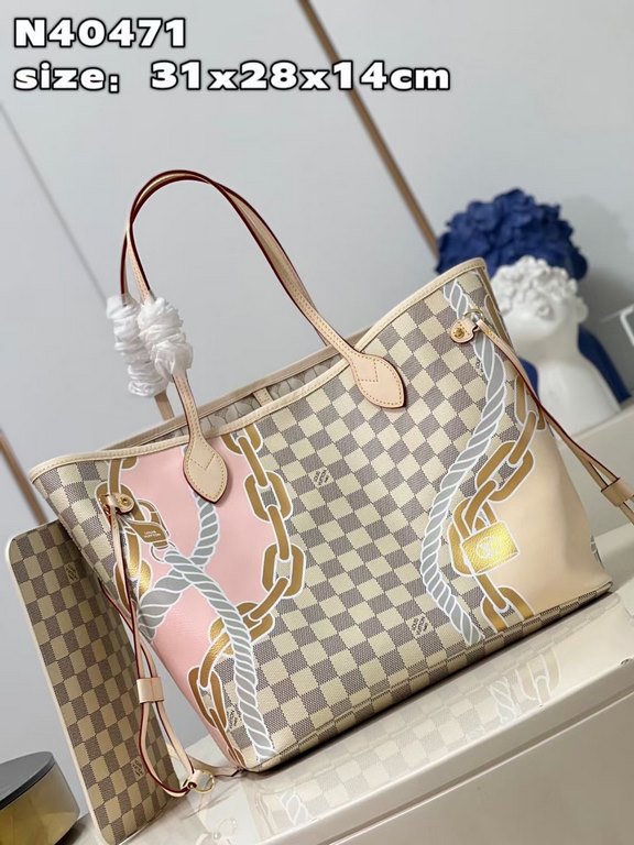 N40471 】This Neverfull medium bag is made from Damier Azur coated canvas and features a nautical print with rope and chain motifs, giving a new twist to the classic checkerboard pattern. Tighten or loosen the side straps