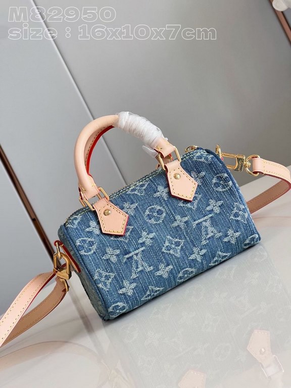 Exclusive to M82950] The Nano Speedy is made from Monogram Denim sandwashed canvas woven from certified cotton with leather handles and a detachable shoulder strap. The compact design features a slotted side pocket for a