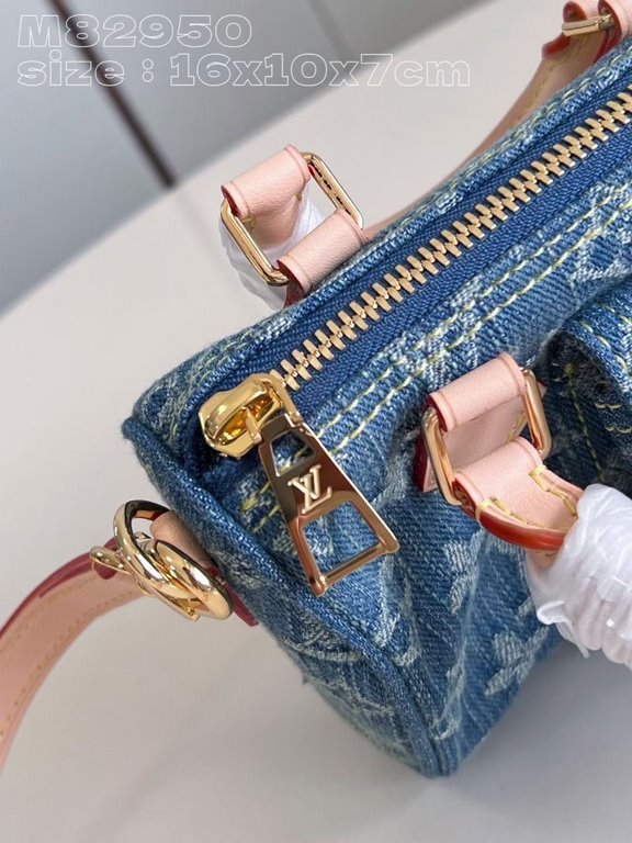 Exclusive to M82950] The Nano Speedy is made from Monogram Denim sandwashed canvas woven from certified cotton with leather handles and a detachable shoulder strap. The compact design features a slotted side pocket for a