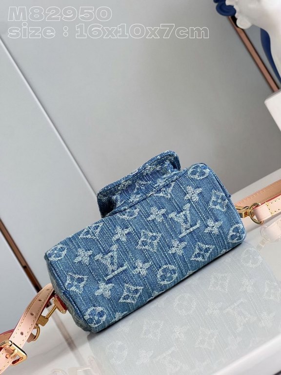 Exclusive to M82950] The Nano Speedy is made from Monogram Denim sandwashed canvas woven from certified cotton with leather handles and a detachable shoulder strap. The compact design features a slotted side pocket for a