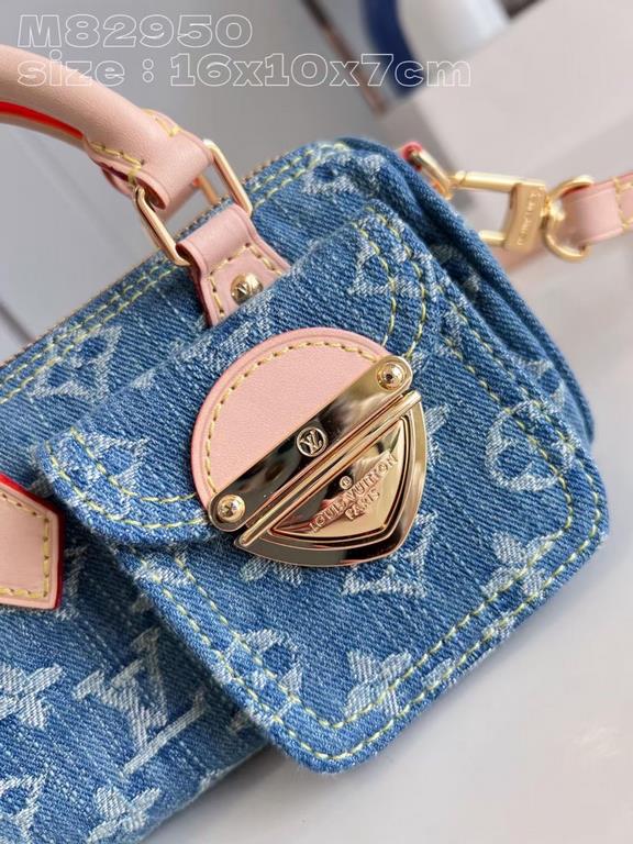 Exclusive to M82950] The Nano Speedy is made from Monogram Denim sandwashed canvas woven from certified cotton with leather handles and a detachable shoulder strap. The compact design features a slotted side pocket for a