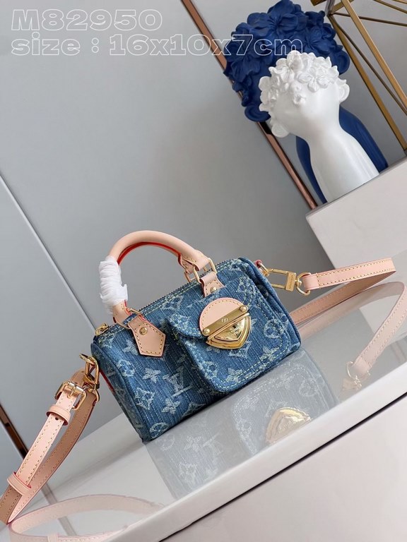 Exclusive to M82950] The Nano Speedy is made from Monogram Denim sandwashed canvas woven from certified cotton with leather handles and a detachable shoulder strap. The compact design features a slotted side pocket for a