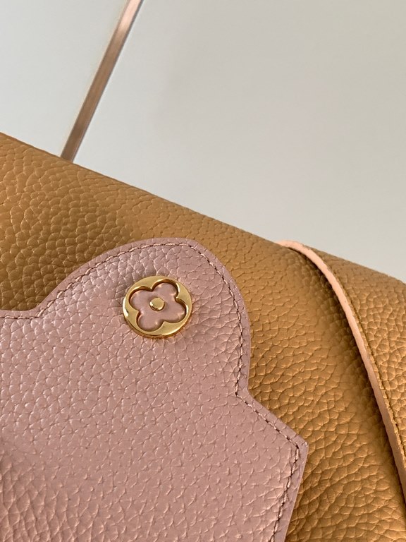 M59440 Apricot with Light Earth Gold Buckle]This Capucines mini bag is crafted from grained cowhide leather and features a color-blocked body and top handle and flap, LV lettering for visual interest, and a wide, removab