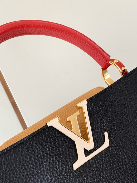 M59466 Black with Crimson Gold Buckle]A modern clash of shades in full-grain cowhide leather, this medium Capucines bag features the iconic LV alphabet and side loops, top handles and a detachable shoulder strap for vers