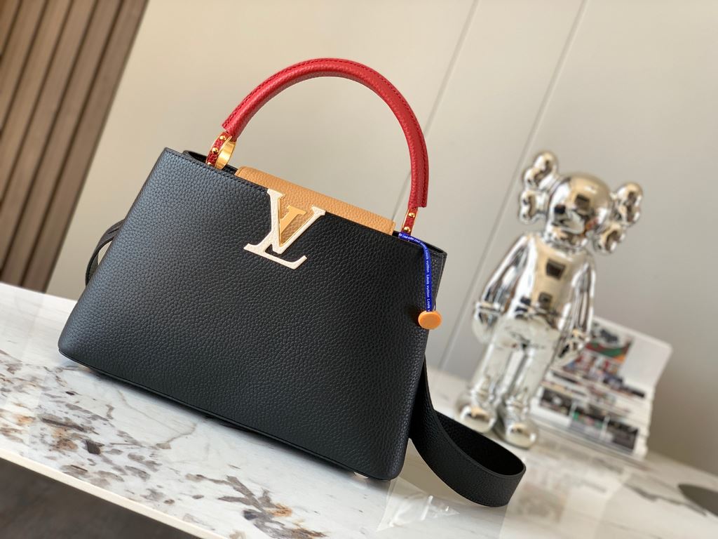 M59466 Black with Crimson Gold Buckle]A modern clash of shades in full-grain cowhide leather, this medium Capucines bag features the iconic LV alphabet and side loops, top handles and a detachable shoulder strap for vers