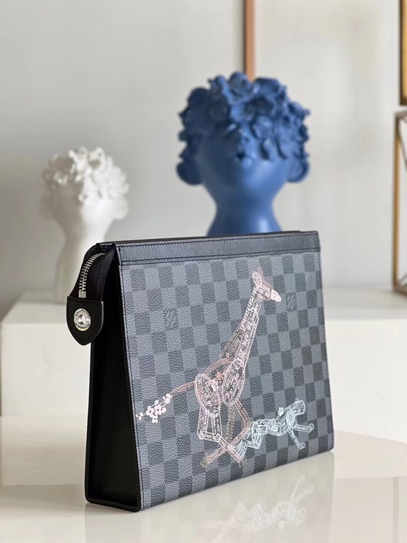 Top [Exclusive N64605] This Pochette Voyage clutch bag encounters the Louis Vuitton seal theme, depicting a wildlife rush in classic Damier Graphite canvas with passport stamp motifs, a tribute to the spirit of free trav