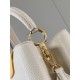 M59466 Pearl White with Pale Gold Buckle]A modern clash of shades in full-grain cowhide leather, this medium Capucines bag features the iconic LV alphabet and side loops, top handles and a detachable shoulder strap for v