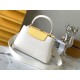 M59466 Pearl White with Pale Gold Buckle]A modern clash of shades in full-grain cowhide leather, this medium Capucines bag features the iconic LV alphabet and side loops, top handles and a detachable shoulder strap for v